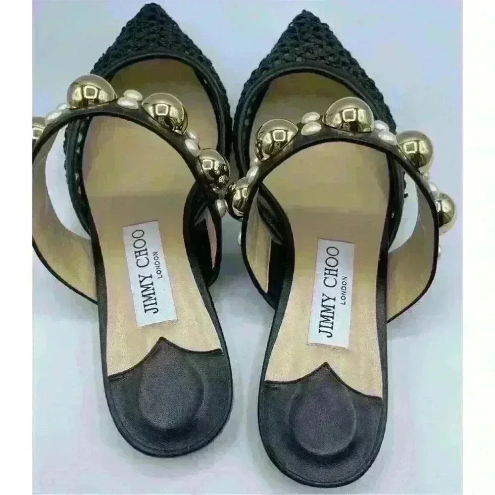 Jimmy Choo Black Basette Raffia Pearl Embellished Flat Mules Size 37.5 - Picture 6 of 8
